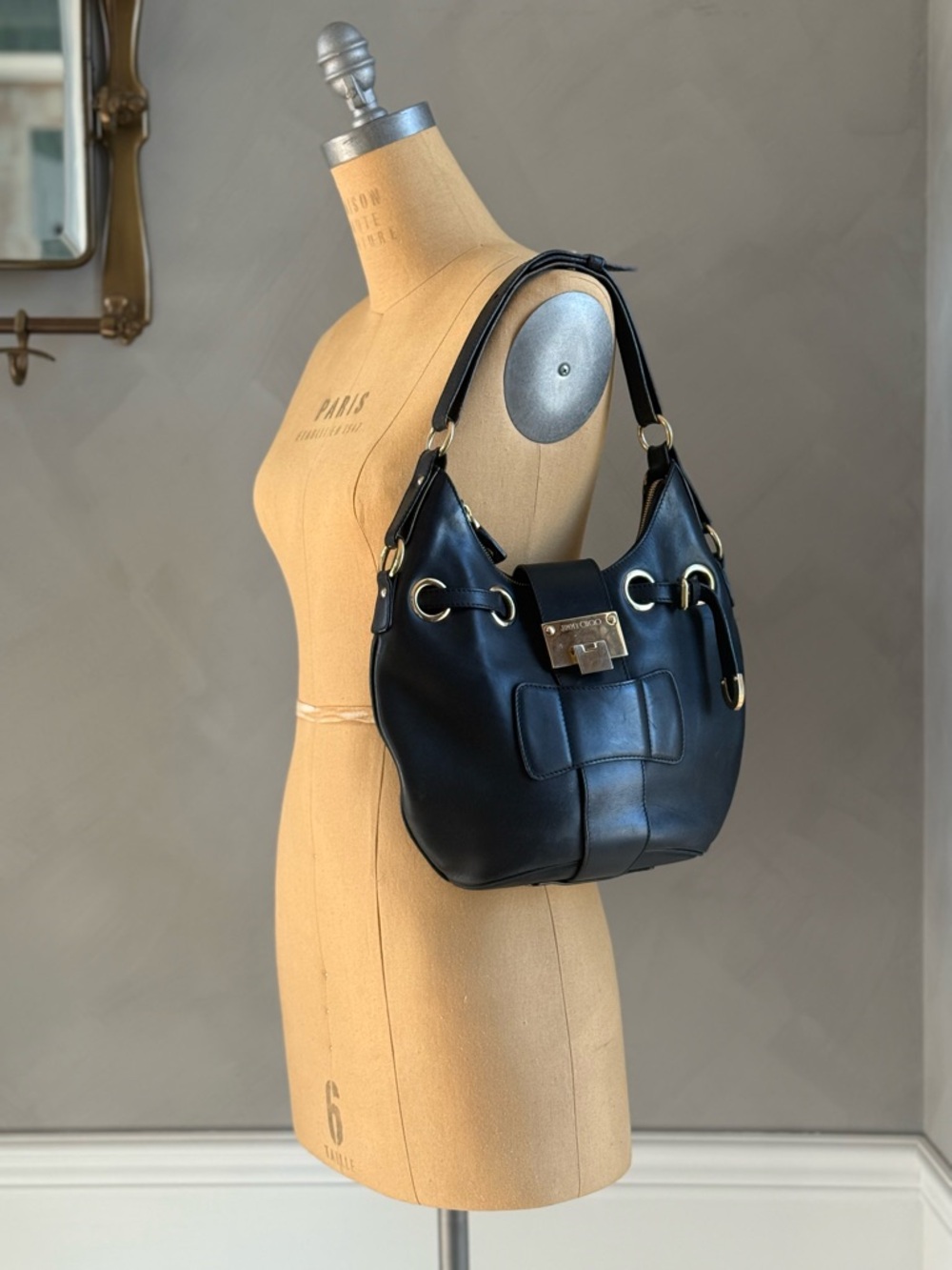 Jimmy Choo Black Leather Shoulder Hobo with Gold Hardware